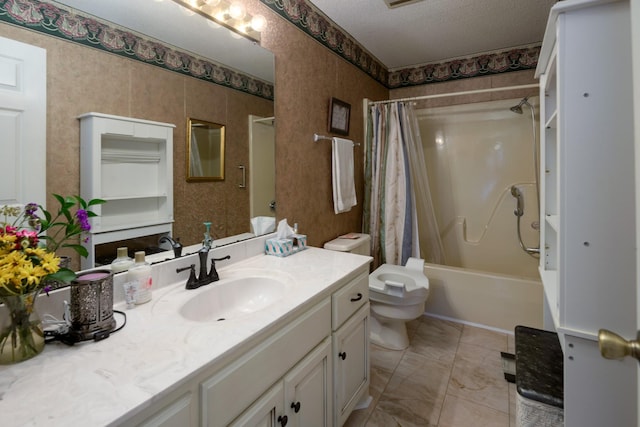 full bathroom with vanity, toilet, shower / bath combo, and a textured ceiling