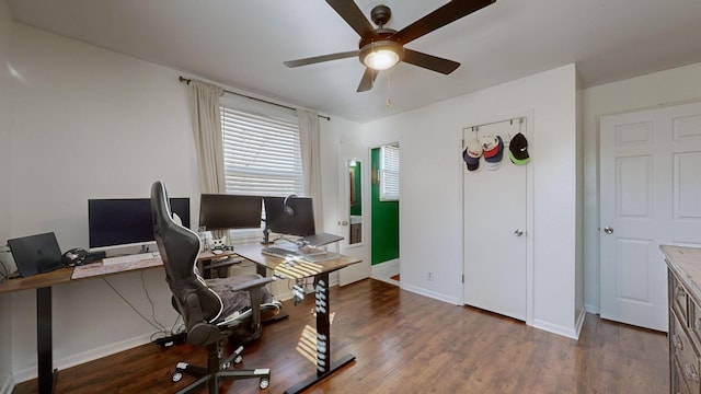 home office with ceiling fan and dark hardwood / wood-style flooring