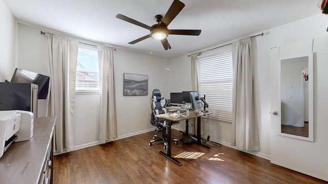 office space featuring ceiling fan and dark hardwood / wood-style floors