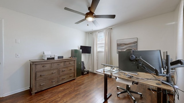 home office featuring ceiling fan and dark hardwood / wood-style floors