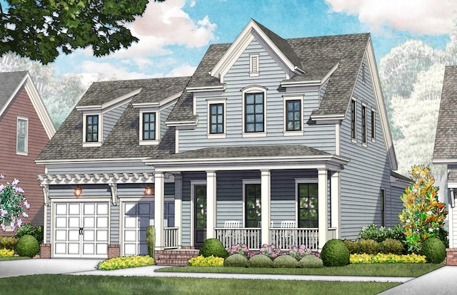 view of front of house with a garage, covered porch, a shingled roof, and concrete driveway