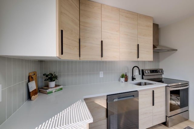 kitchen with tasteful backsplash, dishwasher, wall chimney range hood, sink, and stainless steel electric stove