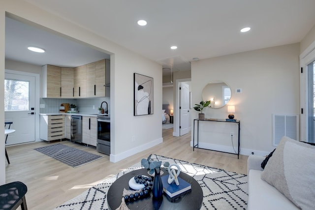 living room with light hardwood / wood-style flooring and sink