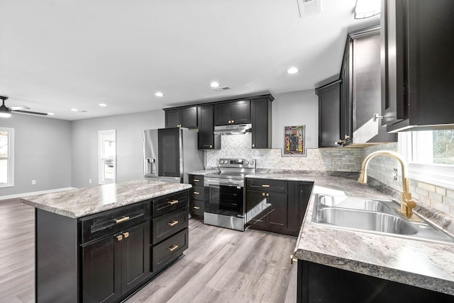 kitchen featuring a kitchen island, decorative backsplash, sink, light wood-type flooring, and stainless steel appliances