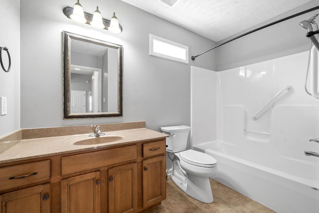 full bathroom featuring toilet, tile patterned floors, a textured ceiling, shower / bathtub combination, and vanity