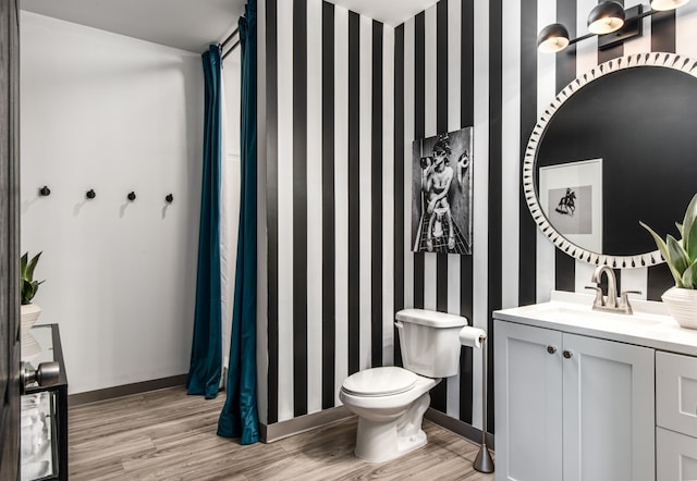 bathroom featuring toilet, vanity, and wood-type flooring