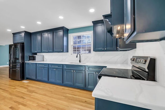 kitchen featuring sink, blue cabinetry, and stainless steel appliances