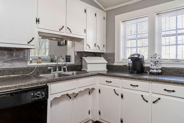 kitchen with decorative backsplash, sink, black dishwasher, white cabinetry, and ornamental molding