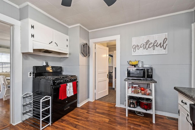 kitchen featuring white cabinetry, black gas stove, dark hardwood / wood-style flooring, and crown molding