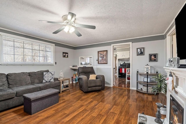 living room with a textured ceiling, dark wood-type flooring, ornamental molding, and ceiling fan