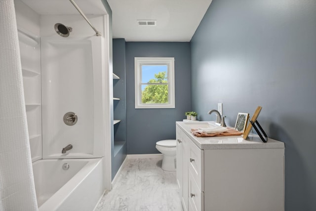 full bathroom with toilet, vanity, and shower / bathtub combination with curtain