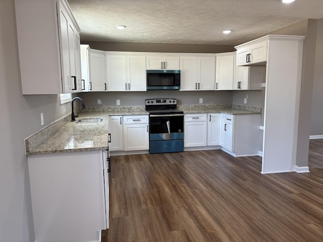 kitchen featuring appliances with stainless steel finishes, dark wood-style flooring, a sink, and light stone countertops