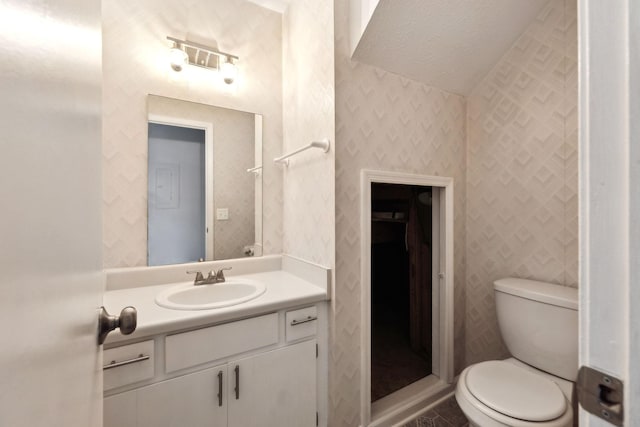 bathroom featuring toilet, vanity, and a textured ceiling