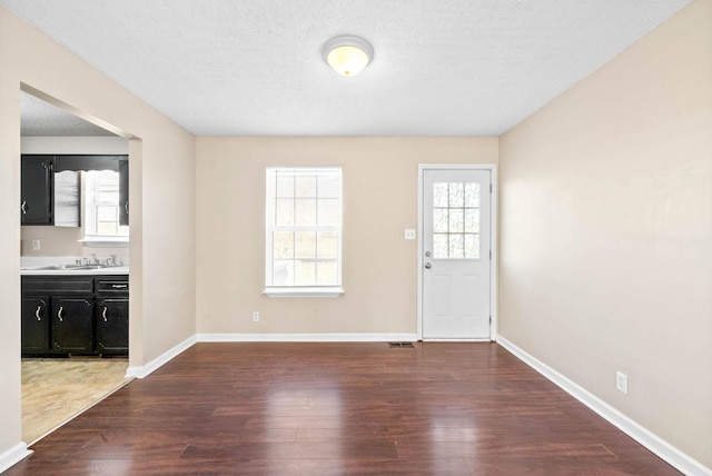 interior space with sink, a textured ceiling, and dark hardwood / wood-style flooring