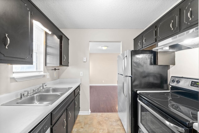 kitchen with dishwashing machine, sink, electric range, and a textured ceiling