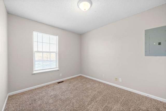 carpeted spare room featuring a textured ceiling and electric panel