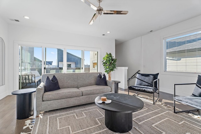 living room featuring ceiling fan and hardwood / wood-style floors