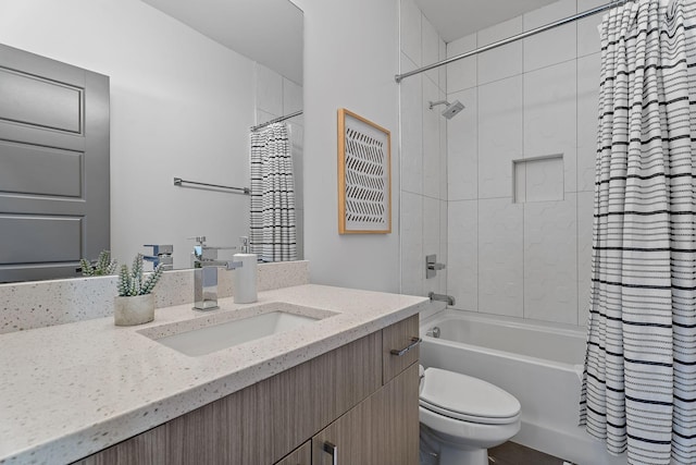 full bathroom with toilet, vanity, and shower / bathtub combination with curtain