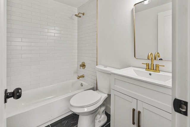 full bathroom with toilet, tiled shower / bath, tile patterned flooring, and vanity