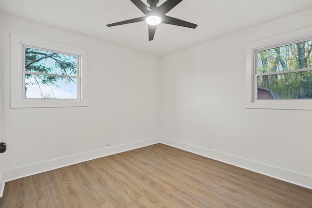 empty room with ceiling fan, plenty of natural light, and wood-type flooring