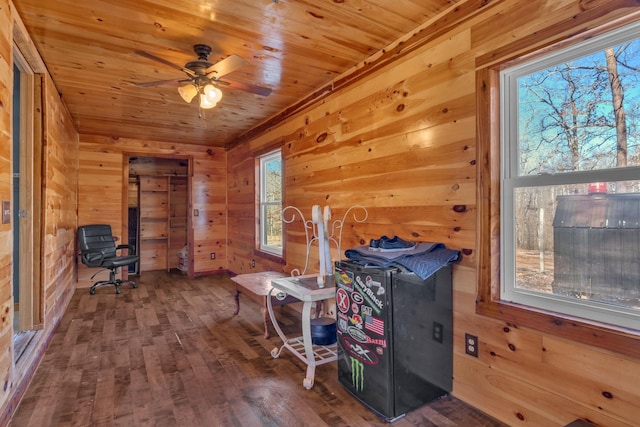 miscellaneous room with ceiling fan, hardwood / wood-style floors, wooden ceiling, and wooden walls