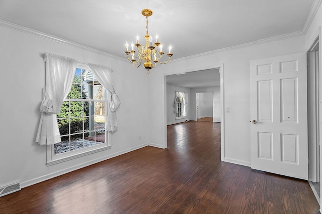 unfurnished dining area with dark wood-type flooring, crown molding, and an inviting chandelier