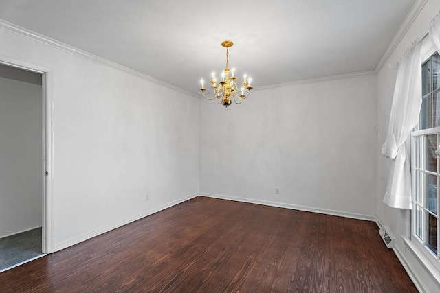 unfurnished room with dark hardwood / wood-style floors, crown molding, and an inviting chandelier