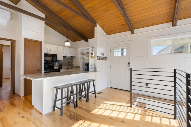 kitchen featuring white cabinetry, wood ceiling, kitchen peninsula, light hardwood / wood-style flooring, and black appliances