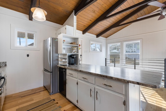 kitchen featuring decorative light fixtures, stainless steel refrigerator, light wood-type flooring, white cabinets, and wooden ceiling