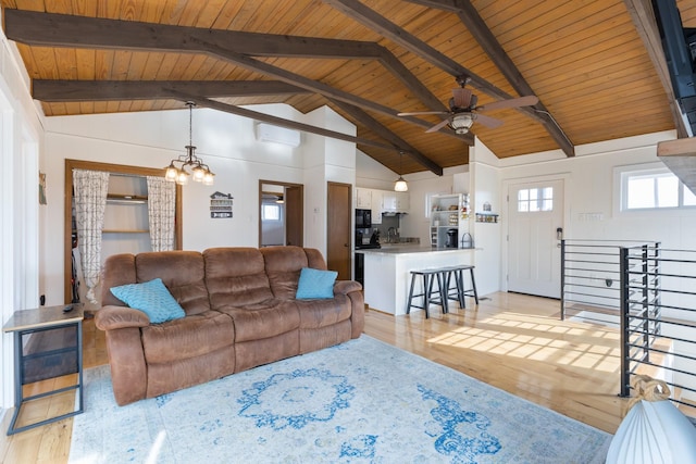 living room featuring wood ceiling, light hardwood / wood-style flooring, and beamed ceiling