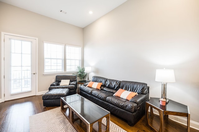 living room with dark hardwood / wood-style flooring