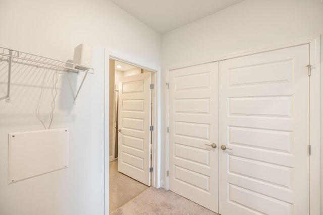 washroom featuring light colored carpet