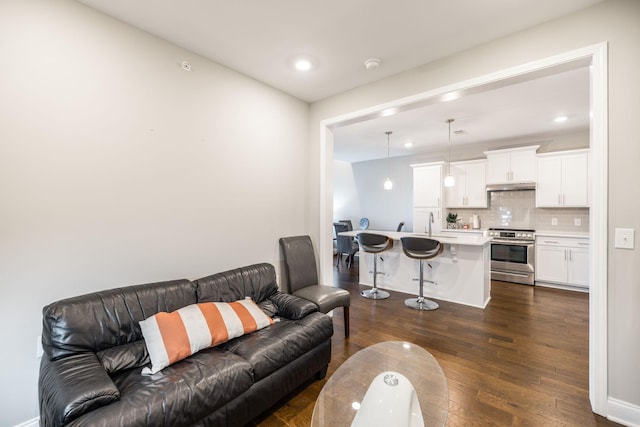 living room featuring dark wood-type flooring