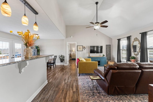 living room with ceiling fan, french doors, plenty of natural light, and dark hardwood / wood-style flooring