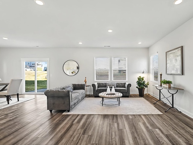 living room featuring dark wood-type flooring