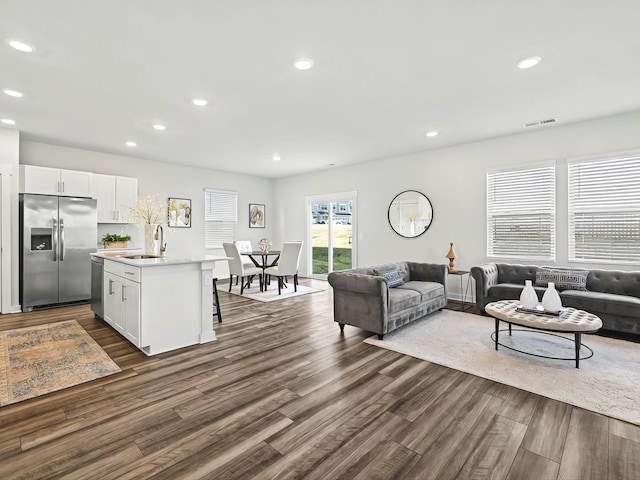 living room with dark hardwood / wood-style flooring and sink