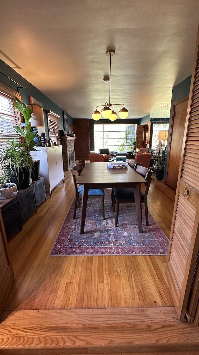 dining space with a brick fireplace and wood-type flooring