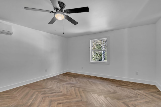 unfurnished room featuring ceiling fan, parquet floors, and a wall mounted air conditioner