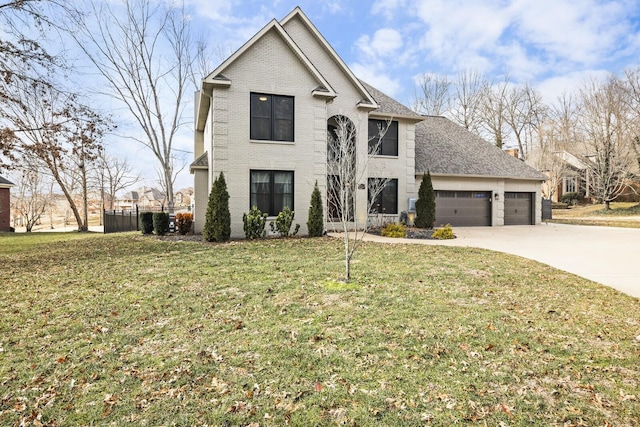 front facade with a garage and a front lawn