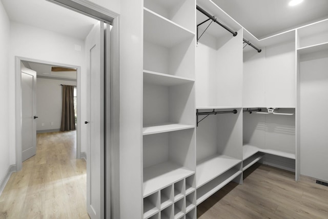 walk in closet with hardwood / wood-style flooring