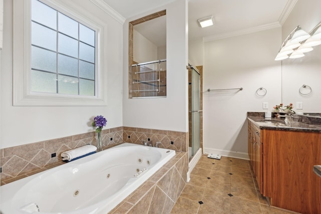 bathroom featuring vanity, independent shower and bath, tile patterned floors, and ornamental molding