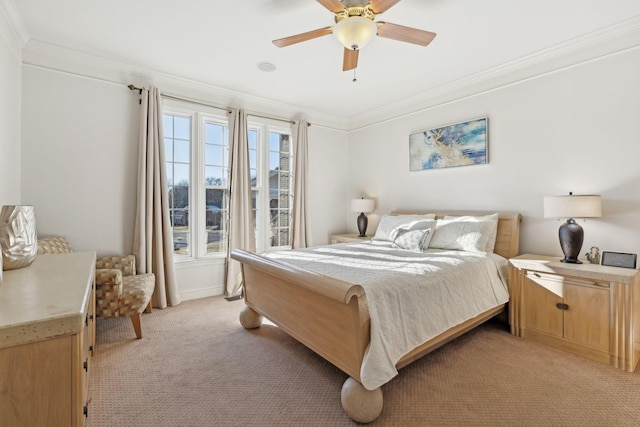 bedroom featuring ceiling fan, light carpet, and ornamental molding