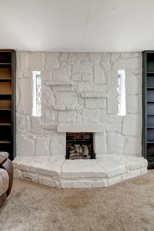 room details with carpet and a stone fireplace