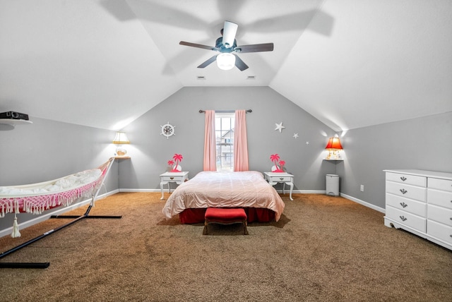 bedroom with ceiling fan, carpet, and lofted ceiling