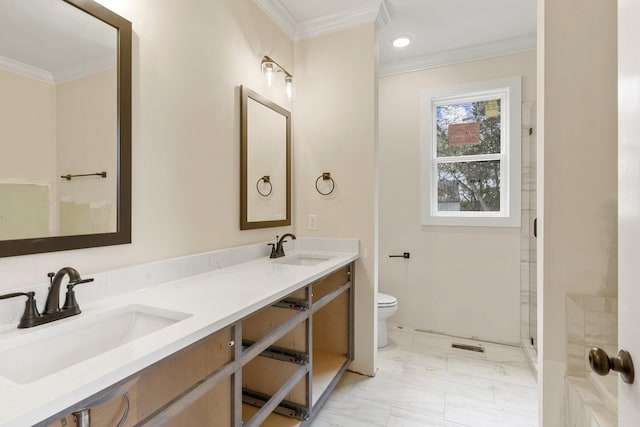 bathroom with a shower, toilet, vanity, and ornamental molding