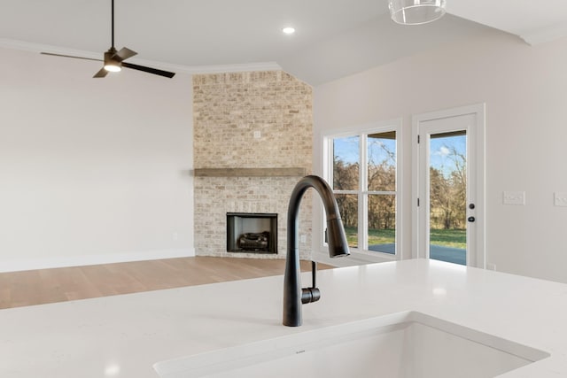 details featuring wood finished floors, a sink, light countertops, ornamental molding, and a tiled fireplace