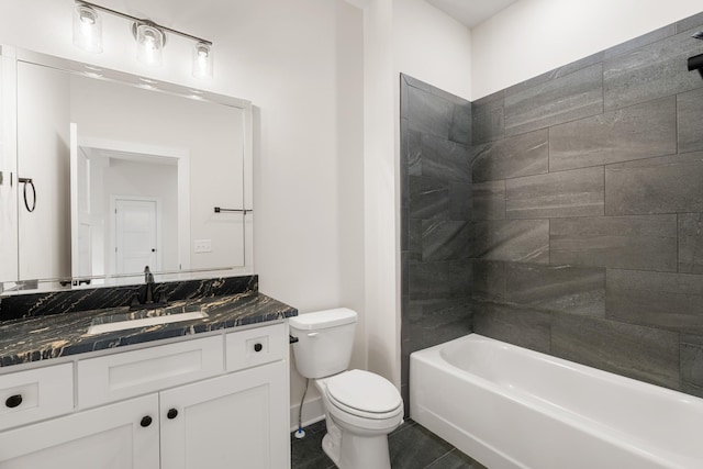 bathroom with toilet, baseboards, shower / washtub combination, and vanity