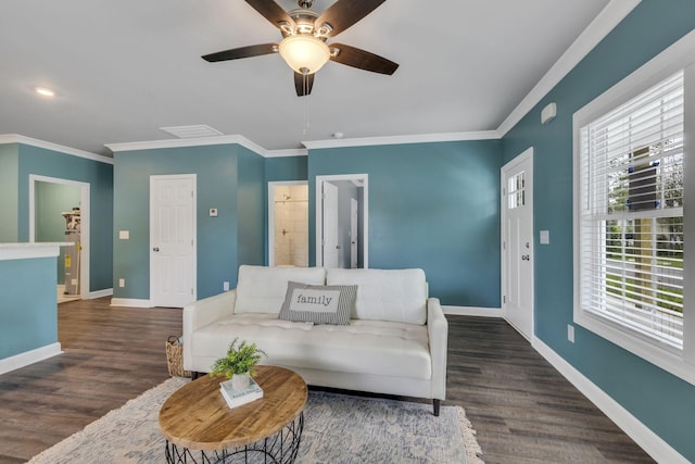 living room featuring ceiling fan, dark hardwood / wood-style floors, and ornamental molding