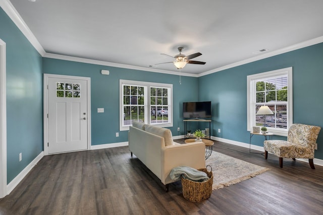 living room with ceiling fan, dark wood-type flooring, and crown molding