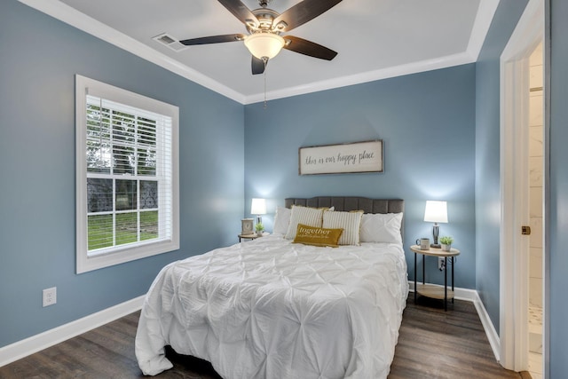 bedroom featuring ceiling fan, dark wood-type flooring, and ornamental molding